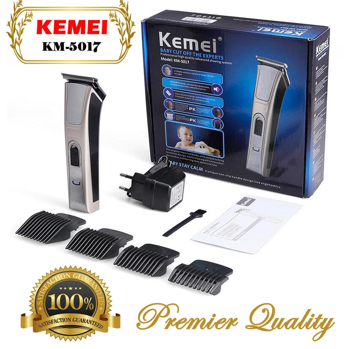 Kemei KM-5017 rechargeable hair clipper with titanium steel blade and four guide combs in 3mm, 6mm, 9mm and 12mm sizes.