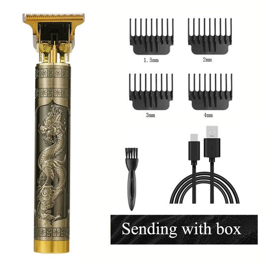 A vintage style hair trimmer and clipper set with a metal body, featuring a golden dragon design and a USB charging cable.