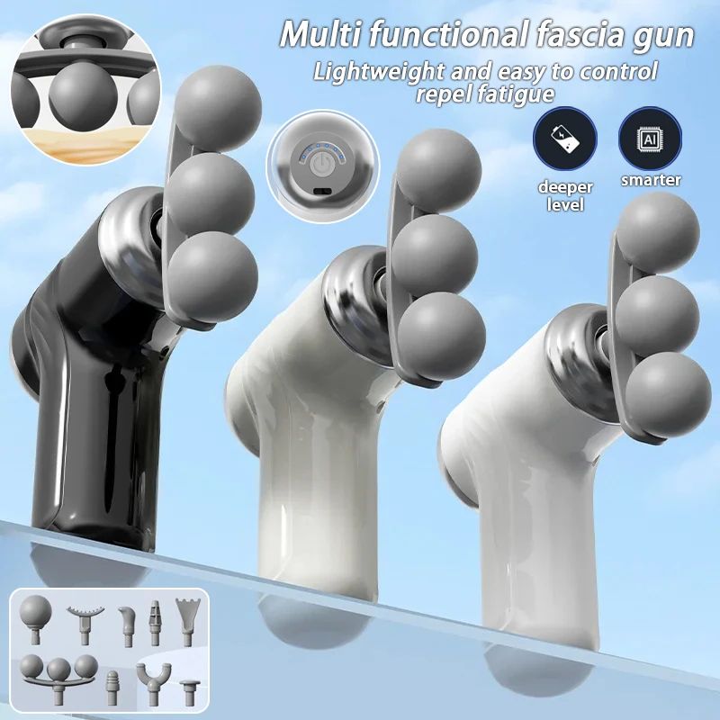 Mini fascia massage gun available in black and white with multiple massage heads