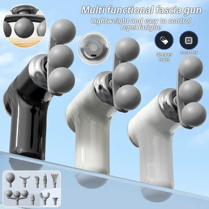 Mini fascia massage gun available in black and white with multiple massage heads