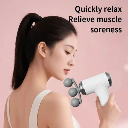 Woman using a three-head mini fascia massage gun on her shoulder