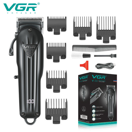 VGR V-282 professional hair clipper with six guide combs, USB charging cable, cleaning brush and accessories