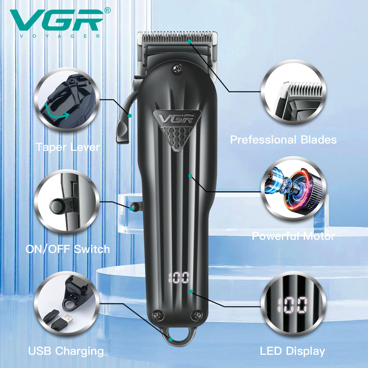 VGR V-282 cordless hair clipper with LED display, adjustable taper lever and USB charging