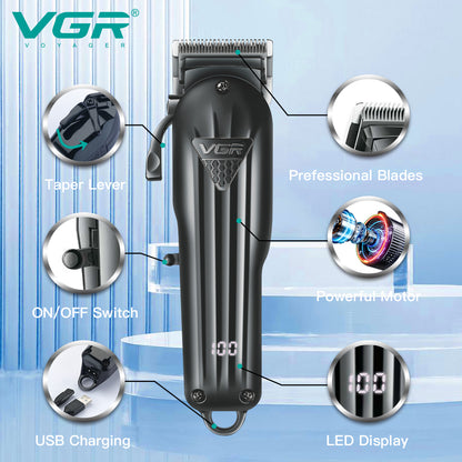 VGR V-282 cordless hair clipper with LED display, adjustable taper lever and USB charging