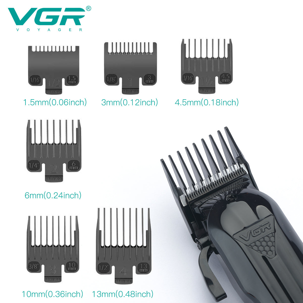 VGR V-282 hair clipper guide combs in six cutting lengths from 1.5mm to 13mm