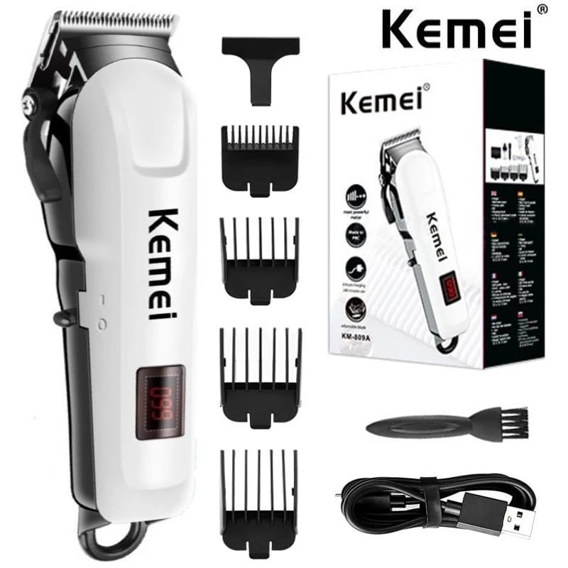 Kemei KM-809A professional rechargeable metal hair clipper with LCD display and stainless steel blade.