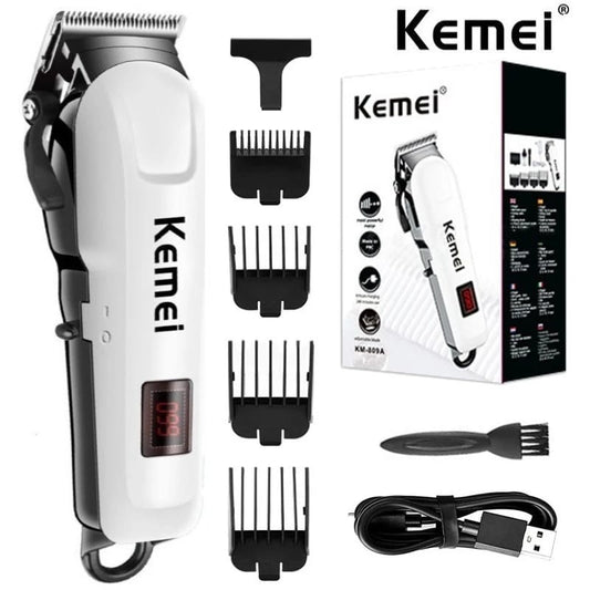 Kemei KM-809A professional rechargeable metal hair clipper with LCD display and stainless steel blade.