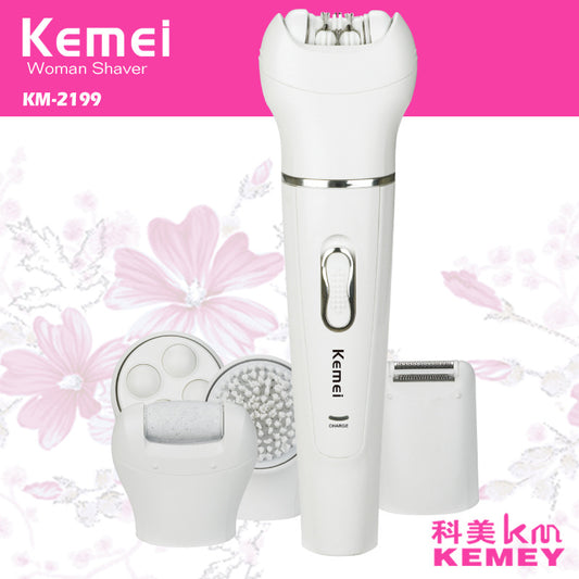 A white Kemei 5 in 1 female epilator and lady shaver with multiple attachments, including a shaver head, a skin care brush, and a foot file.
