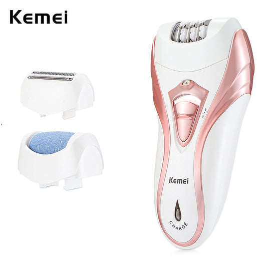 Kemei km-3010 Rechargeable Electric Epilator, showing the main device in white with pink accents, along with three detachable heads: a hair clipper, a shaving head, and an epilating head.