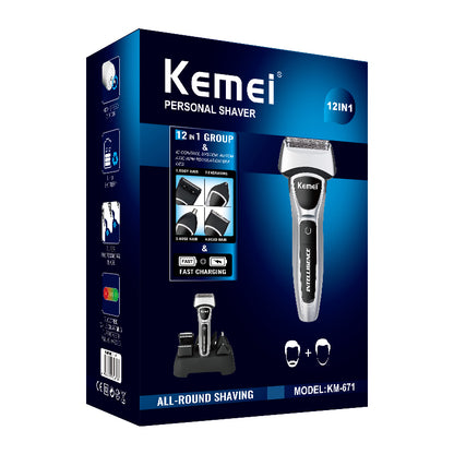 Kemei km-671 12 In 1 Electric Shaver Men Hair Beard Nose Trimmer Mesh foil Razor Rechargeable Hair Clipper Shaving Machine Body Groome